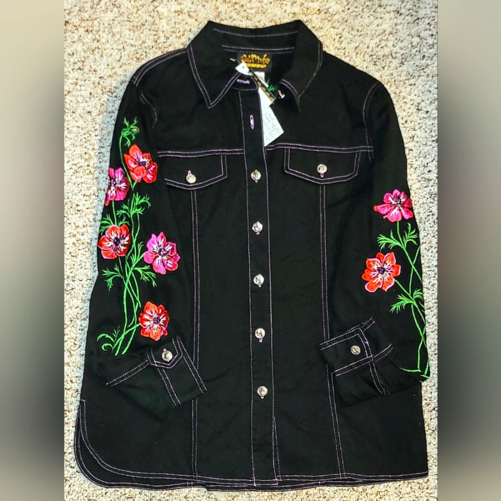 NEW w/tags Bob Mackie Wearable Art floral Leather Embroidered Jacket Shirt sz Sm